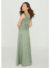 V Neck Sage Satin Elegant Junior Bridesmaid Dress